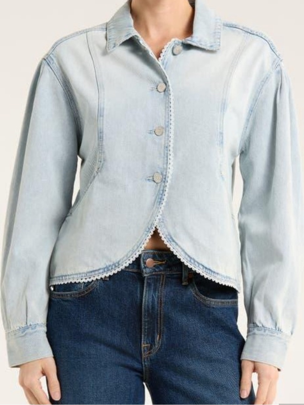 Habitual Pale Blue Denim Jacket with Scalloped Lace Trim
